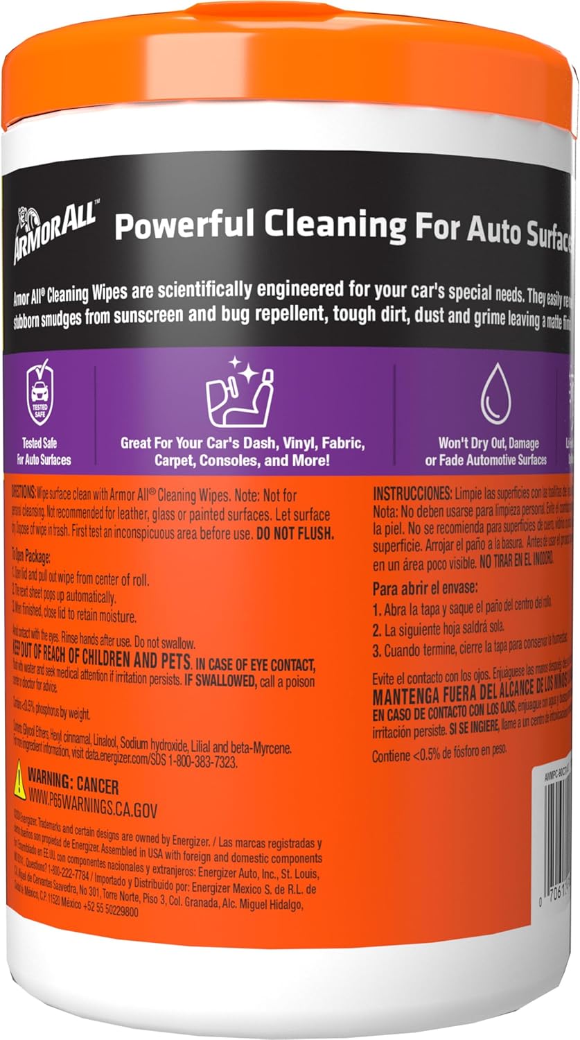 Armor All Lenços de limpeza de carro, lenços para interior e exterior do carro, 90 lenços cada